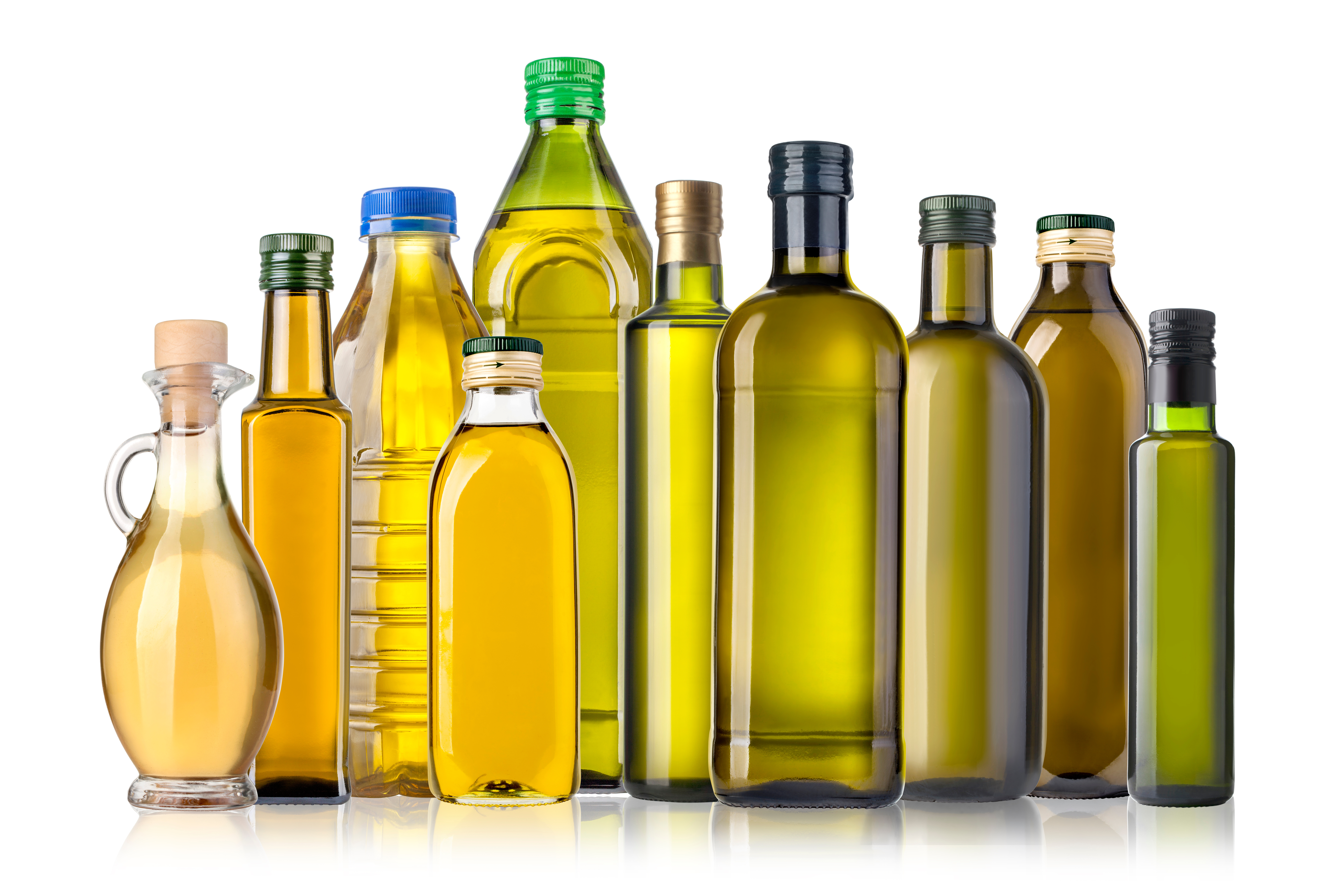 Olive oil bottles on white background